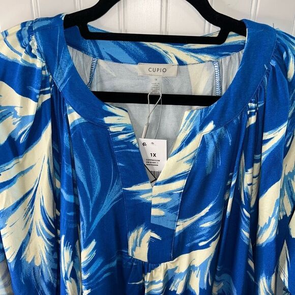 Cupio Flutter Sleeve Blouse Top Women’s 1XL Blue White Tropical Pullover VNeck - Picture 6 of 6